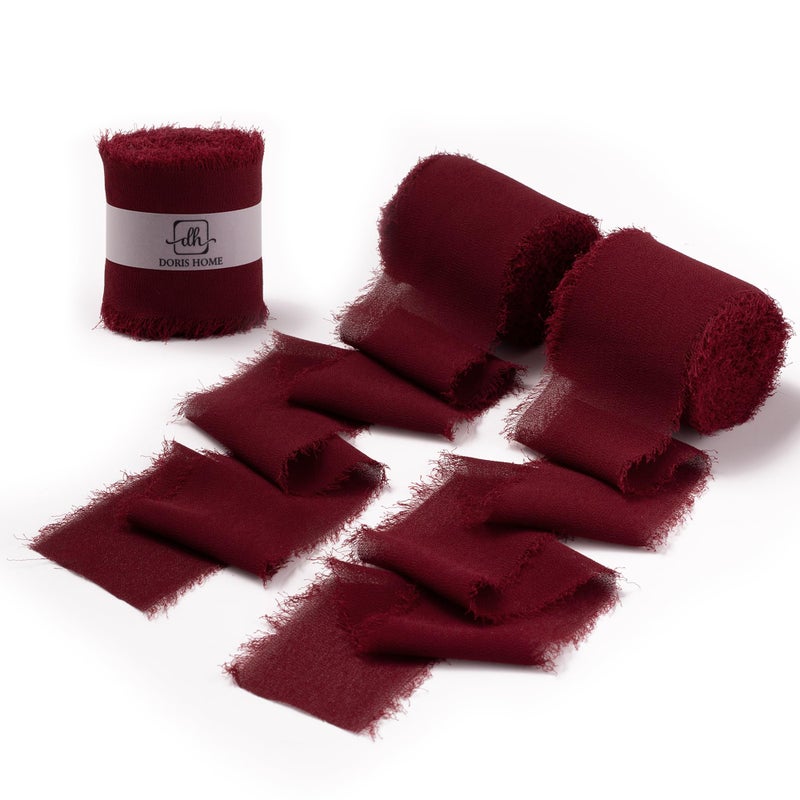 DORIS HOME Burgundy Chiffon Ribbon for Flower Bouquet, 2" x21Yd Fabric Ribbon for Gift Wrapping, Handmade Frayed Ribbon for Wedding, Chiffon Silk Ribbon for Christmas Decorations - Image 1